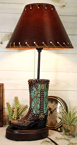 Ebros Tooled Turquoise Cowboy Boot With Scroll Lace Crosses And Button Nail-Heads Hand Painted Resin Desktop Table Lamp With Faux Leather Shade Country Cowgirl Western Rustic Home Decor Accent #TOP5
