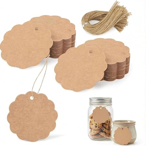 HAKACC 140 Stück Runde Geschenkanhänger, Ø6cm Kraftpapier Etiketten mit Wellenrand und Juteschnur für Weihnachtsgeschenke, Flaschen, Hochzeit, Geburtstag und DIY Basteln