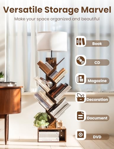 6 Tier Tree Bookshelf with Light, Corner Tall Narrow Bookshelf, Small Bookcase with Storage Cabinet,Floor Standing Bookshelves Organizer for Bedroom/Living Room/Home Office, Rustic Brown - Image 6