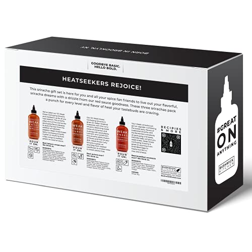 Weak Knees Sriracha Hot Sauce Gift Set, Three (3) Bottles Of Medium To Hot Sriracha Sauces, Variety Pack - Gochujang, Super Spicy Gochujang & Curry Sriracha, 10.5 Oz Each, In Gift Box With Tea Towel, Spicy Food Gifts For Him, Gifts For Her, Unique Gifts #TOP2