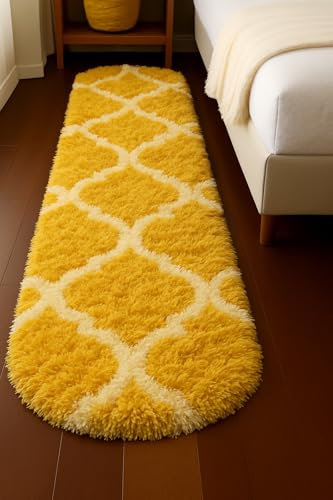 Image of Fluffy Silky Micro Fiber Polyster Carpet /Runner for Bedroom, Study Room, Playing Room, Guest Room ETC. 5x7 feet Feet, (Yellow and Ivory M II)