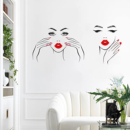 Mefoss Removable Beautiful Woman Sexy Face Wall Decal Fashion Woman Eyes Eyelash Red Lips Wall Stickers Peel And Stick Charming Beauty Outline Wall Art Decor Decals For Woman Girls Bedroom Dressroom Mirror Beauty Salon Wall Decoration #TOP6