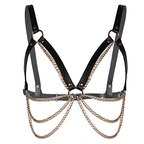 YEAHDOR Femme Harnais de Poitrine Réglable en Cuir et Métal Punk Harnais Serrure Jouet d'amour Jeu de Rôle Maillot de Corps Bandage Lingerie Or&Noir Taille...