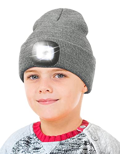 YunTuo Beanie with The Light for Kids, Unisex USB Rechargeable Headlamp Hat Winter Knitted Night Lighted Cap Flashlight, Gifts for Kids Boys Girls (Grey)