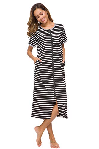 Vslarh Women Short Sleeve Zip Front Nightgowns Full Length Cotton Robes Loose Housecoat Loungewear With Pockets (B&W,Large) #TOP3