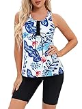 Women Two Piece Rash Guard Swimsuit Swim CaprisTank Top Tankini Bathing Suit Racerback Sport Swimwear Short Sleeved Color Block White Blue Floral 6-8