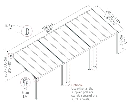 Canopia by Palram Terrassenüberdachung Alu Capri 3X9.15 Polycarbonat Hohlkammerplatten Pergola 924 x 295 cm Grau zur Überdachung ihrer Terrasse