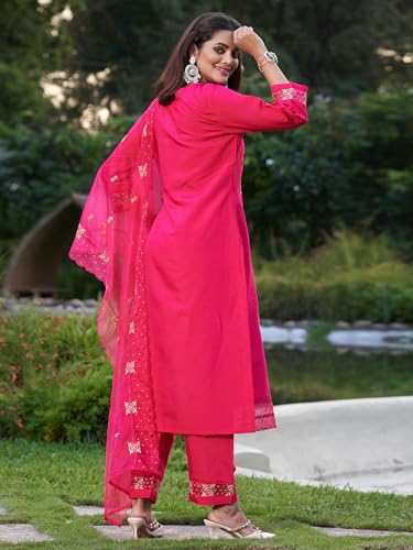Image of INDO ERA Women's Embroidered Silk Blend Calf Length Straight Kurta Pant With Dupatta Set (IEOUT7451 X-Small)