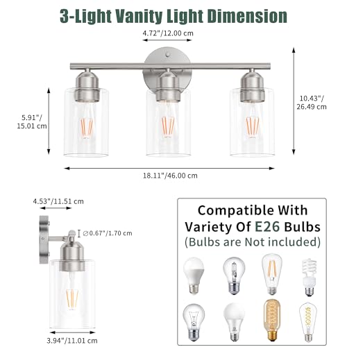 Image of Bathroom Vanity Light Fixtures Brushed Nickel, 3 Lights Bathroom Over Mirror, UL Certified, Modern Wall Lighting Fixtures with Glass Shade, E26 Socket