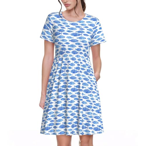 Robe d'été artistique imprimé peinture de poisson manches courtes