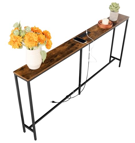 FurnitureR Narrow Console Table 70.8 Inch with Charging Station, Slim