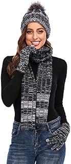 NATUST Womens Hat Scarf Gloves Set Winter Thicken Knitted Beanie Soft Long Scarf Touchscreen Gloves