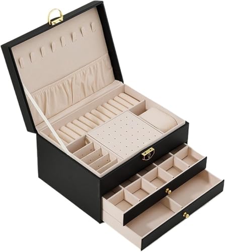 Image of Vlando 3 Layer Jewellery Organiser Box, Large PU Leather Jewelry Storage Case With Drawers, Earrings, Rings, Necklaces Holder | Luxury Jewellery Box For Women & Girls Gift (Black)