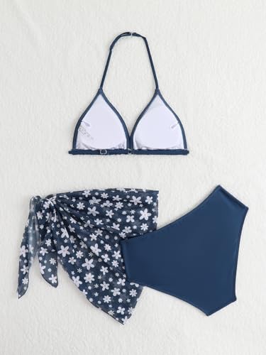 Image of SEGT Girl's 3 Piece Striped Bikini Swimwear Cute Swimsuits Bathing Suit High Waisted with Cover Up Beach Skirt