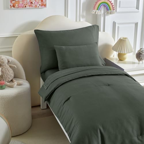 Image of Kids Comforter Sheet Set - Soft and Breathable Bed Set Includes Quilted Comforter, Fitted Sheet, Flat Top Sheet, Pillowcase and Toddler Pillowcase for Toddler - 5 Pieces Toddler Bedding Dark Green
