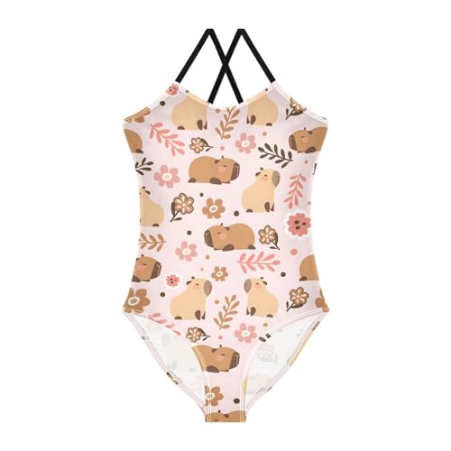 Girls One Piece Swimsuits Cute Capybara Purple Flowers Cute Swimwear Bathing Suits 3-10T