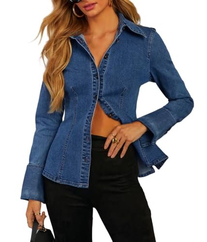 Denim Shirt Tops for Women Button Down Slim Fitted Long Sleeve V Neck Lightweight Jean Jackets