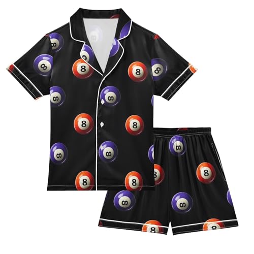 ALAZA Billiard Black Satin Pajamas Set Short Sleeve Button Down Sleepwear Summer Pjs 2 Piece