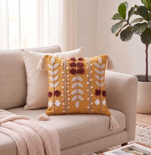 Image of Furnistitchs Handmade Cotton Bohemian Home Decor Cushion Cover 24x24 inches / 60x60 cms - Boho Chic Couch Sofa Throw Living Room Bedroom Cushions (2, Mustard Cherry Bloom)