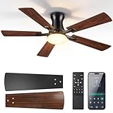 Torkley Ceiling Fans with Lights, 42 inch Low Profile Ceiling Fan with Light and Remote/APP Control, Flush Mount, Reversible, 3CCT, Dimmable,Quiet,Black Ceiling Fan for Bedroom, Indoor/Outdoor Use