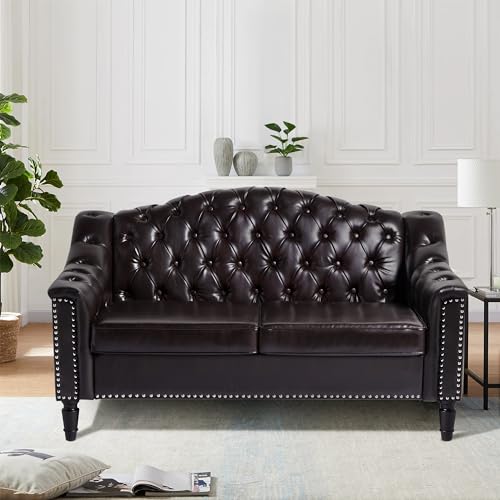 Image of Chesterfield Loveseat, 55 inch Faux Leather Love Seat Sofa, Comy Small Sofa Counch with Camelback for Small Spaces, Mid Century Modern 2 Deep Seats Couch for Apartment Living Room (PU-Loveseat, Brown)