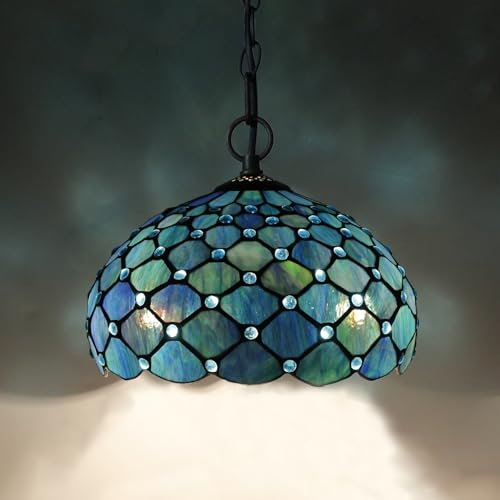 Image of 12 Inch Tiffany Stained Glass Lamp Shade Replacement Only (Blue) | Stained Glass Style Lampshade with Cap fit for Table lamp Pendant Light Ceiling Fixture
