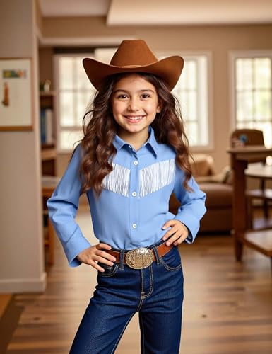 Image of Girls Fringe Shirt Sleeveless Button Down Western Cowgirl Tassel Trim Casual Blouse Shirt Top 4-13Y