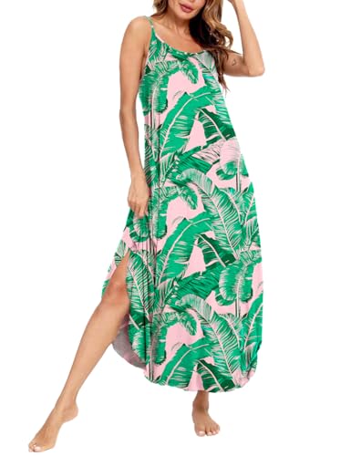 Image of SWOMOG Women Long Nightgown Pajama Dress Soft Strap Nightdress Summer Sleeveless Nightshirt Lounge Dress with Pockets