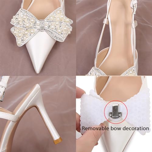 Cozivwaiy Women Slingback Pumps Wedding Heels White Closed Pointed Toe Heeled Sandals Pearl Stiletto Pumps Elegant Heels Detachable Bow2