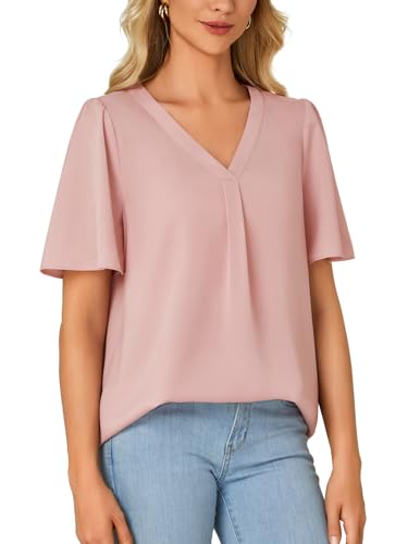 Rooscier Women's Ruffle Short Sleeve V Neck Loose Fit Cute Casual Blouse Tunic Top - Image 5