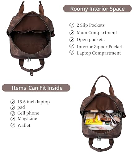 Leather Laptop Backpack for Women 15.6 Inch Work Travel Backpack Fashion College Business Computer Bag (Coffee)4
