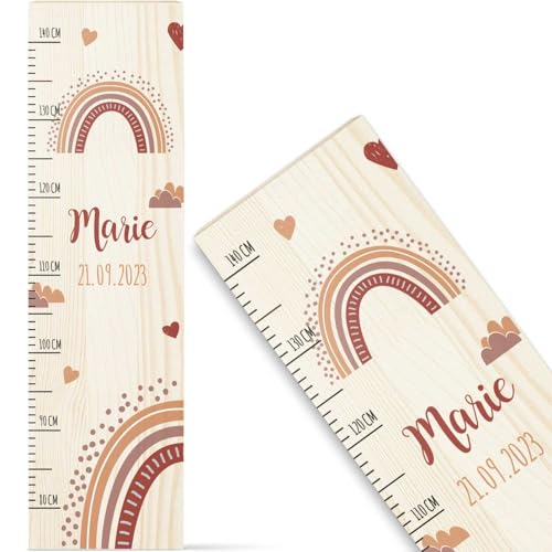 GRAVURZEILE Toise pour enfant en bois - Design rouge arc-en-ciel - Avec nom pour chambre d'enfant - Échelle mesure 80 à 140 cm - Dimensions : 20 x 70 x 2 cm...