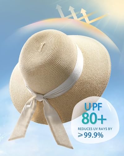 FURTALK Womens Beach Sun Straw Hat Floppy UPF80+ Travel Foldable Brim Summer UV Hat - Image 3