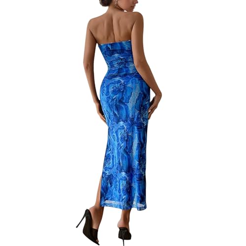 Image of Women's Tube Top Maxi Dresses Printed Tie Dye Strapless Bodycon Long Dress Split Side Sleeveless Party Elegant Outfits