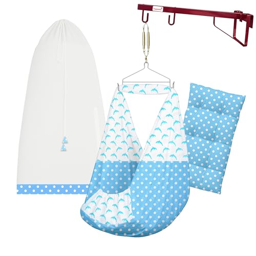 Image of Happykid Cotton Cradle for Baby Swing for Newborns, Foldable Window Hanger with Sliding Lock, Hanger Spring, Mosquito Net & Mattress with Insert Pocket, Jhoola, Thottil, Joli, Jokali, Onjal (Blue)