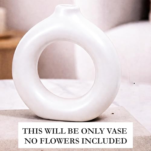 Image of Modern Matte White Ceramic Donut Vase - Minimalist Hollow Round Decorative Vase for Living Room, Bedroom, Office & Table Decor, 5x5.1 Inch