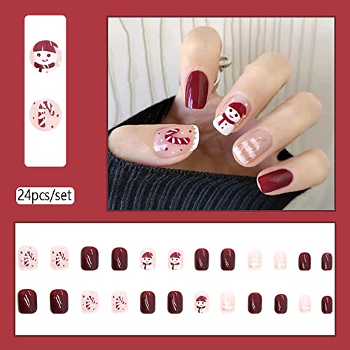 Wedity 24Pcs Christmas Tree Love Short Fake Nails Pearl Flowers Dog Rabbit Acrylic False Nails Press on Nails for Women Girls (K) - Image 2
