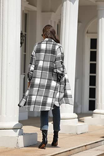 Omoone Women's Button Up Woolen Long Plaid Trench Coat Brushed Check Shirt Jacket(1765-Grey-Xs) #TOP1