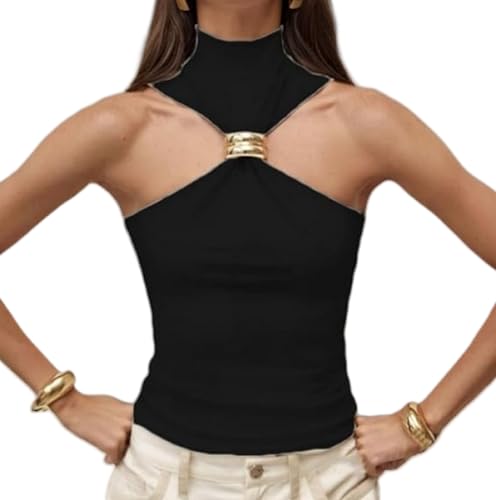 Women Halter Top Twist Front Sexy Ring Pleated Tank Top Turtleneck Dressy Sleeveless Summer Vest Streetwear