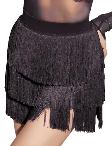 SEAUR Latein Rock Damen Fransen Tanzrock mit Shorts Schlitz Tango Rumba Cha Cha Samba Training Tanzkleidung Rocklänge 43-46cm - EU M (Asie L)