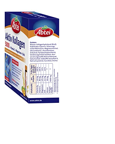 Abtei Aktiv Kollagen 5000 - Für gesunde Knochen, Knorpel und Muskeln - mit Vitamin C, Magnesium und Zink – laborgeprüft und zuckerfrei - 1 x 10 Trinkampullen à 25 ml