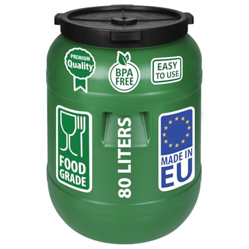 F & R Regentonne mit Deckel 80 Liter aus HDPE I Futtertonne Pferd I Wassertank Fass Tonne mit Deckel I Regenfass für Garten I Regenwassertonne I Wassertonne I Gärfass I Regenwassertank