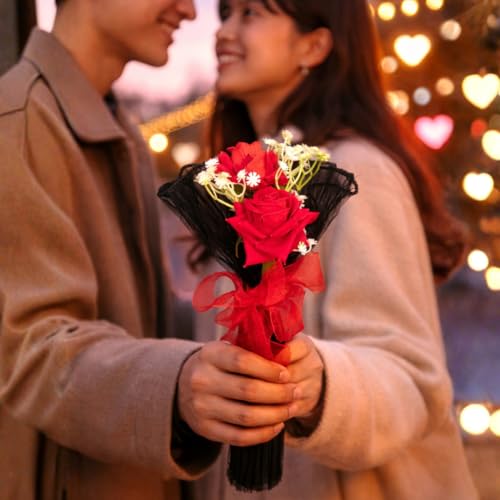 Image of SATYAM KRAFT 1 Pcs Artificial Flower Mesh Rose Bouquet | Romantic Gift for Him Her Girlfriend Boyfriend Wife Husband Proposal Anniversary Wedding Birthday Love Home Decor (Black)