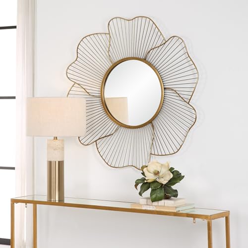 Image of Artemade Gold Flower Wall Mirror, 24 Inch Round Metal Frame Decorative Accent Mirror for Living Room, Bedroom, Entryway, Bathroom