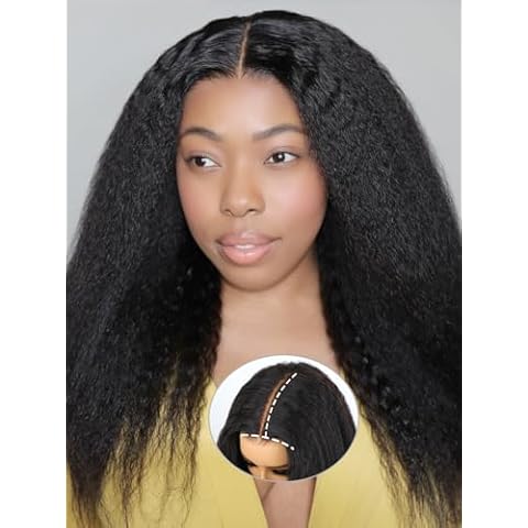 Domiso Max Part 10x7 M-Cap Kinky Straight Glueless Wigs Human Hair Pre Plucked Pre Cut Wear and Go Glueless Wig HD Lace Front Wigs Human Hair 200% Density Pre Bleached Knots 18 Inch Cover