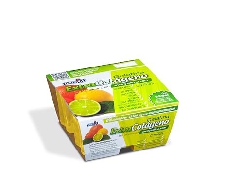 Extra Colágeno Cítricos. Postre de Zumo de Frutas y Gelatina. Sabor Cítricos en tarrina de 100 gramos. Pack de 12x4 = 48 tarrinas. 8g de colágeno mejora la flexibilidad y función de las articulaciones