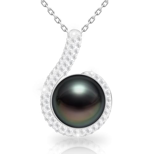 AAAA 10-11MM NoteDance Genuine Tahitian Black Pearl with Moissanite Pendant Necklace, Gift for Women Wife Wedding Birthday Anniversary Jewelry for Valentines Christmas Day