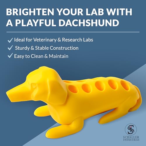 Image of Schaller Industries Dachshund Test Tube Rack - for 13mm Lab Vertical Storage Tubes, Holds 10 Glass & Plastic Test Tube Holder Rack, Vial Holder, Phlebotomy Supplies and Equipment- Bright Yellow