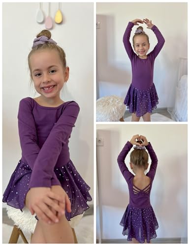 Image of Arshiner Girls Long Sleeve Ballet Leotards with Shinny Skirts Criss-Cross Back Dance Dresses