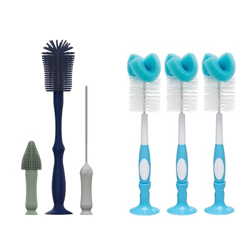 Image of Dr. Brown's Silicone Cleaning Brush Set with Bottle, Spout, and Straw Brush, 3-Pack + Baby Bottle Sponge Brush, Blue, 3-Pack